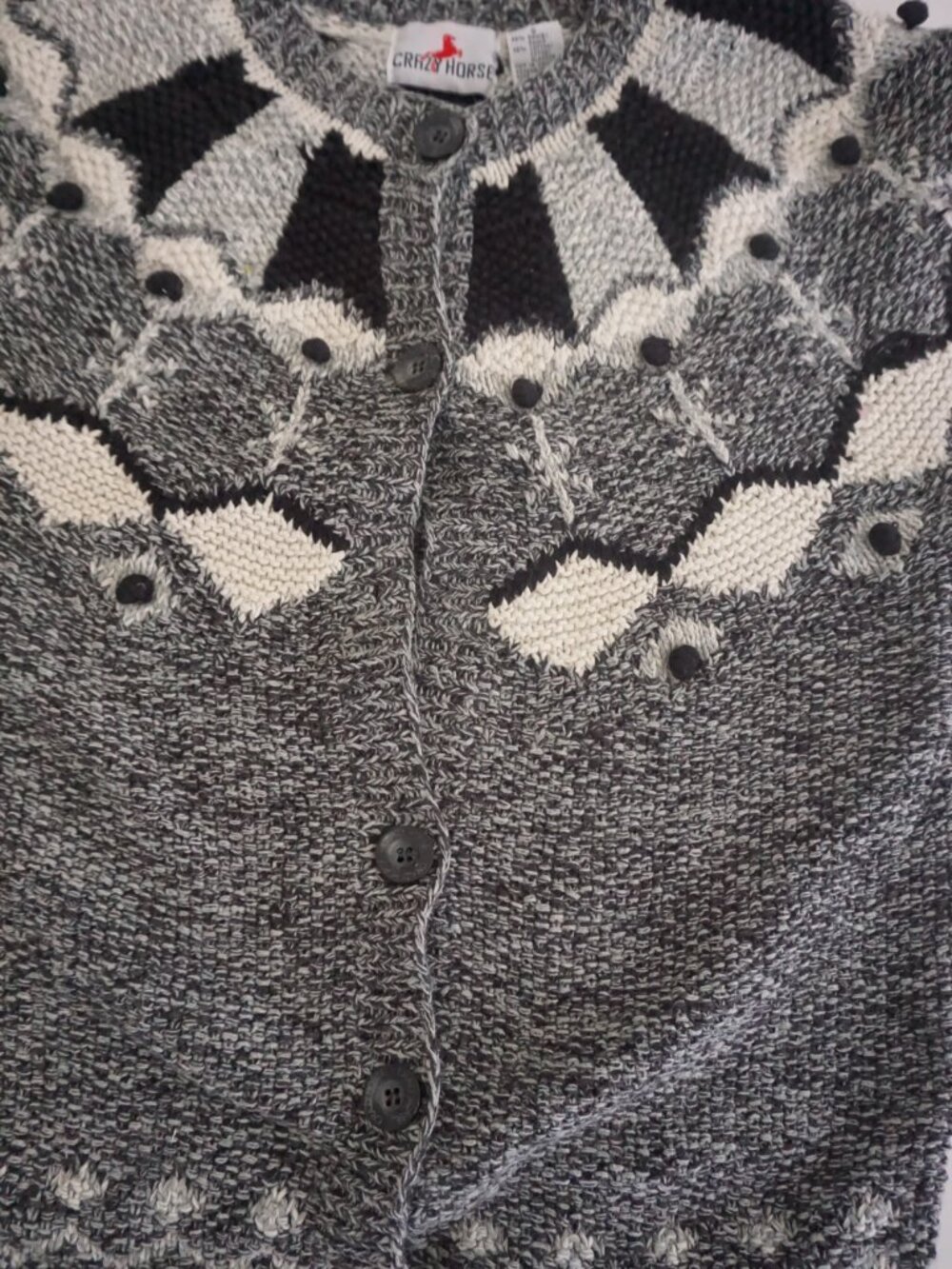 Vintage Crazy Horse Grey Black Geometric Textured Button Cotton Cardigan S - Picture 6 of 12